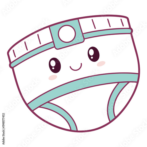 Cute cartoon baby diaper with smiling face and blush cheeks on a white background, kawaii style