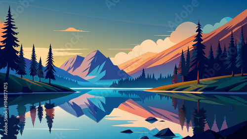 A serene mountain landscape with a lake and trees at sunset