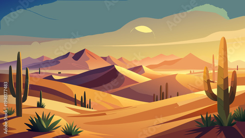 A vibrant desert landscape illustration with cacti and mountains at sunset