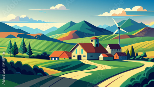 A serene rural landscape with a farmhouse and windmill in a valley