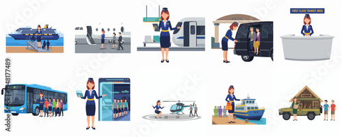 Flat Design Detailed Illustration of Transportation Modes and Service Staff Character