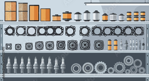 Automotive Parts Shelf: Filters, Gaskets, Spark Plugs, Gears