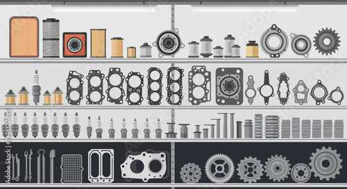 Automotive Parts Shelf Display: Engine Components, Filters, Gaskets, Gears
