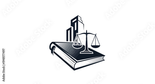 Legal Book and Scales of Justice with City Buildings Silhouette
