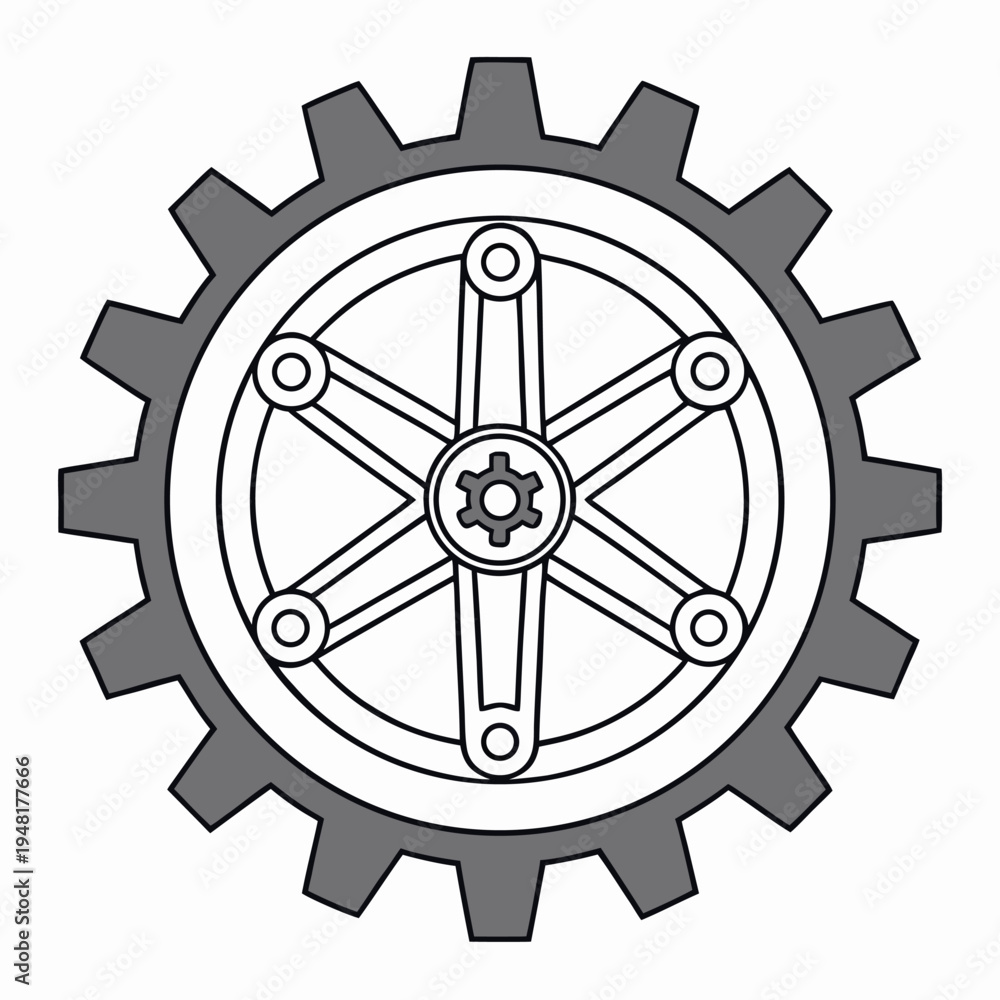 Obraz premium Detailed mechanical gear with six spokes and a central cogwheel on a white background engineering