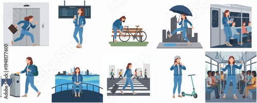 Diverse Lifestyle Cartoon Character Set of Woman in Everyday Urban Scene