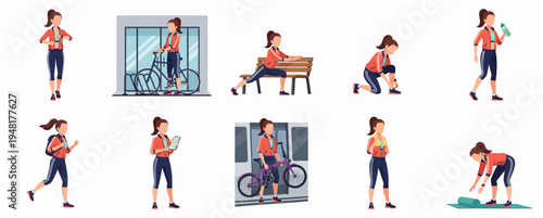 Modern Sportive Woman Activity with Bicycle Commuting and Exercise Routine Illustration