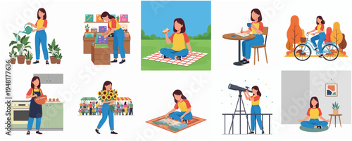 Flat Style Illustration Set of Woman doing Various Activities at Home or Outside