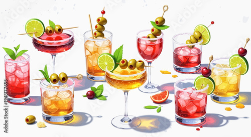 Assorted Colorful Cocktails with Garnishes - Refreshing Drinks Collection