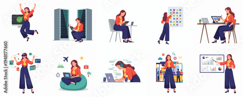 Cartoon Style Illustration of Woman in Various Technology Related Activities
