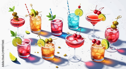 Assorted Colorful Cocktails with Garnishes on White Background, Party Drinks