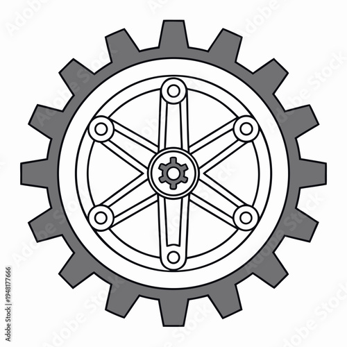 Detailed mechanical gear with six spokes and a central cogwheel on a white background engineering