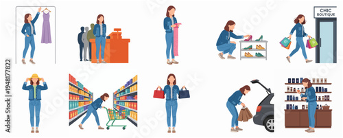 Detailed Flat Style Woman in Various Shopping Activities Character Set