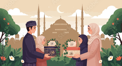 Muslim Family Sharing Gifts Outside Mosque During Ramadan Celebration