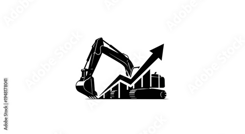 Construction excavator with upward trending graph, symbolizing growth and development
