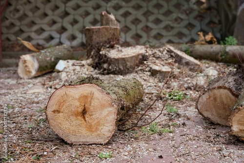 Billede på lærred Travel romania transilvania targu mures wood logs with sawdust on ground after c