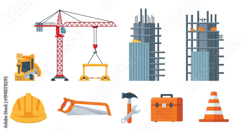 Construction site elements cranes scaffolding tools and safety equipment
