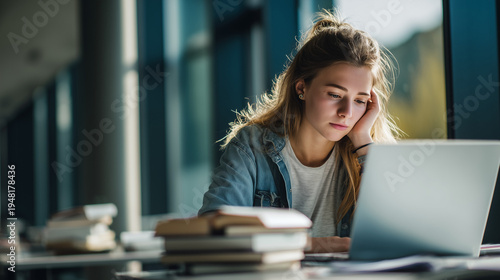 Free Download female student studying with laptop in library, focused college student learning online, young woman studying at desk with laptop and books - GFXLoad