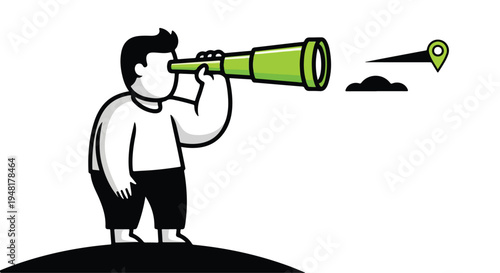 Cartoon Man Looking Through Green Telescope Searching for Location Pin Vector Illustration