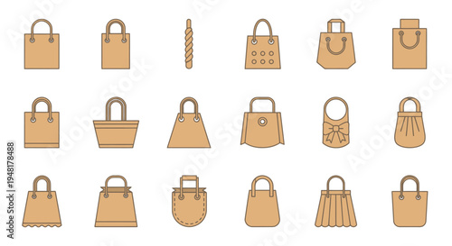 Collection of various brown shopping bags and purses in flat design