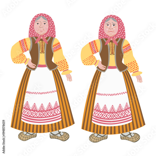 old woman living in the village. Senior people isolated on white background.    Happy Elderly couple.  grandmothers, Fairy tales. Russian folk costume isolated on white background. 
