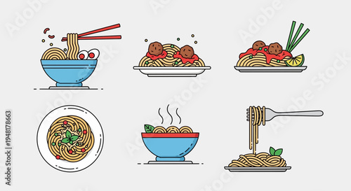 Noodle Dishes Variety Flat Icon Set