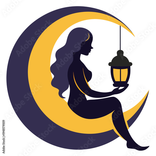 Graceful female silhouette sitting on golden crescent moon holding traditional lantern light