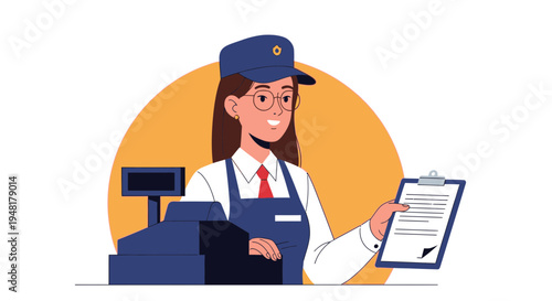 Smiling saleswoman with clipboard near cash register, retail service illustration