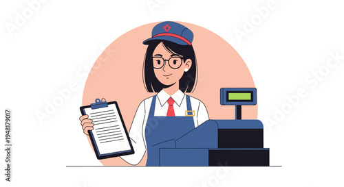 Cashier Woman Holding Clipboard at Supermarket Checkout Counter