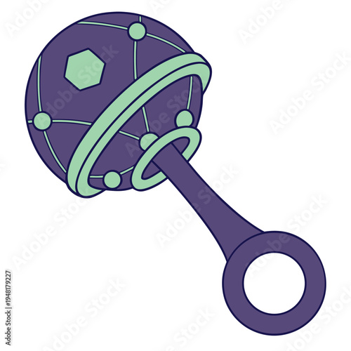 Purple and mint green futuristic rattle toy with spherical head and circular handle