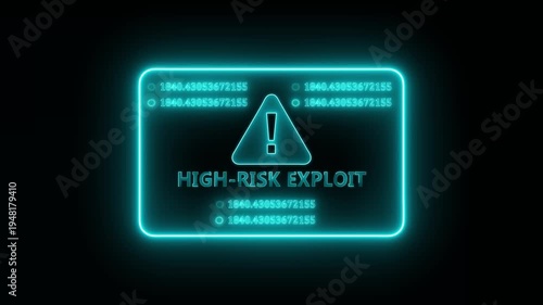 High risk exploit obscurity warning interface animation with glowing neon vulnerability alert panel, futuristic hacker attack notification and network security display