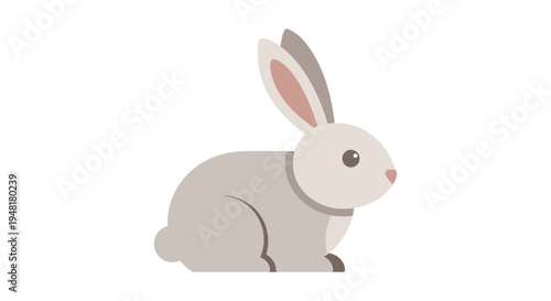 Cute Grey Rabbit Vector Illustration, Minimalist Bunny Character Sitting Isolated on White Background