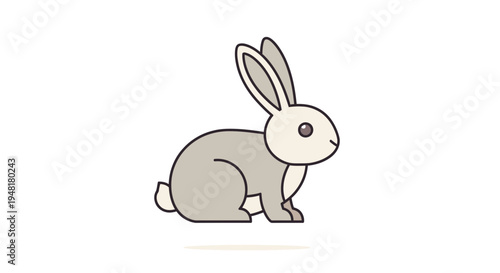 Cute Grey Rabbit Vector Illustration - Minimalist Flat Design Bunny Icon Isolated on White Background