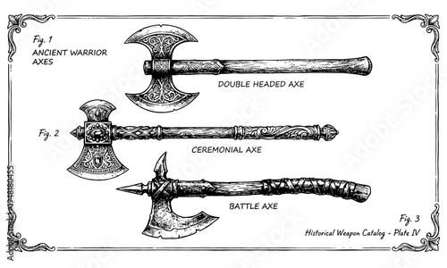 Vintage axe illustration shows ancient warrior, double headed, ceremonial, and battle axes.
