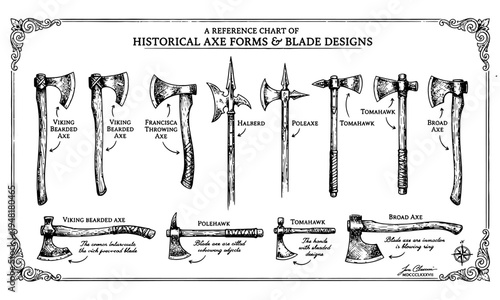 A vintage axe lies on a wooden surface with various tools nearby indoors