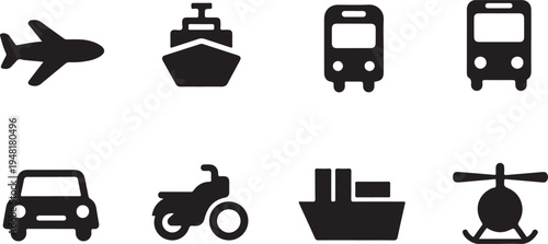 Assorted black and white icons of various modes of transportation.
