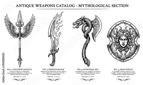 Mythological ancient axe catalog features various legendary weapons and tools on display