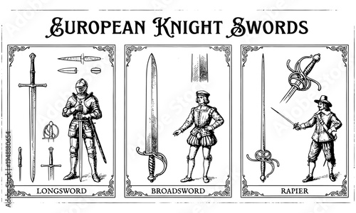 Medieval knight showcases longsword, broadsword, and rapier in armor