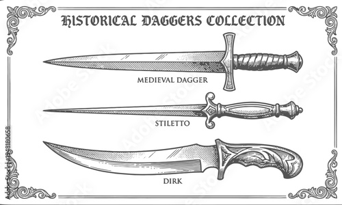 Ancient dagger collection featuring medieval stiletto and dark daggers on display