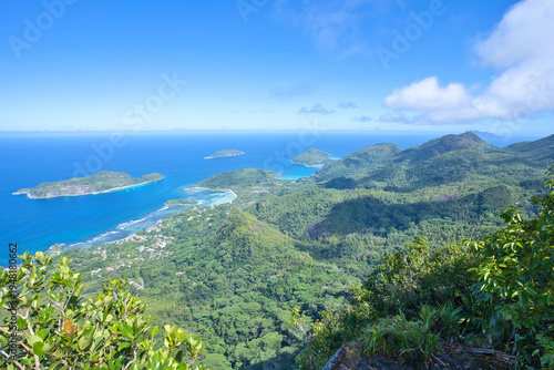 View point from the north west coast of Mahe, therese, conception and silhouette island at the Morn blanc nature trail, inside the national park, Mahe, Seychelles