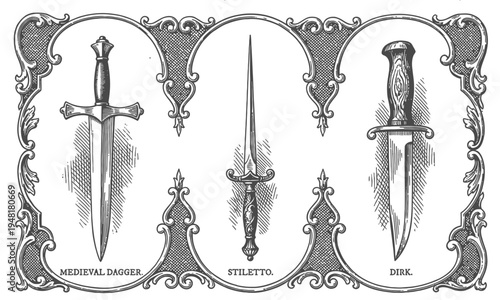Vintage illustrations of medieval dagger, stiletto, and dirk displayed.