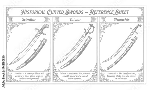 Three historical curved swords Scimitar Talwar and Shamshir illustrated
