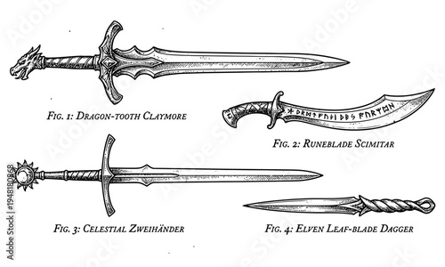 The illustration depicts four medieval fantasy swords with unique designs and names.