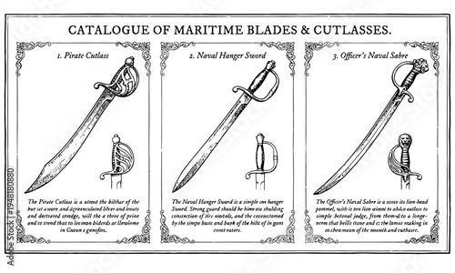 Maritime blades and cutlasses on display in a catalog with illustrations