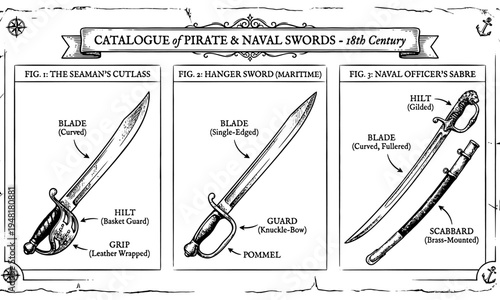 Detailed illustration of three historic naval swords including a seaman's cutlass, a sailing sword, and a naval officer's saber.