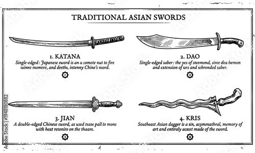 Traditional Asian Swords Displayed on a Layered Illustration