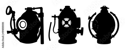 Vintage deep-sea diving bell set with solid black silhouette on white background featuring underwater exploration, maritime, nautical with historical and industrial design