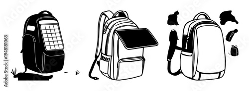 Solar-powered backpack set with solid black fill on white background featuring solar panel, backpack, tech with nomadic lifestyle and sustainability