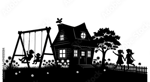 Children playing together in a park playground near houses and trees in a peaceful village landscape during summer night with simple vector illustration style