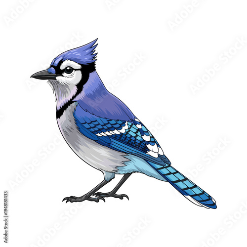A blue jay standing on a white background